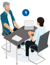 A professional consultation scene depicts an audiologist seated across from a client at a desk in a hearing clinic. A laptop and documents are on the desk, with a blue ’1’ overhead.