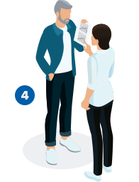 A professionally dressed audiologist shows a male client a printed hearing test result in a hearing clinic, emphasizing personalized care. Nearby, a blue box displays the number ’4.’