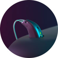 Modern hearing aid with sleek design and vibrant lighting accents.