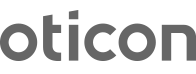 The Oticon logo displays the brand name in a lowercase, gray sans-serif font.