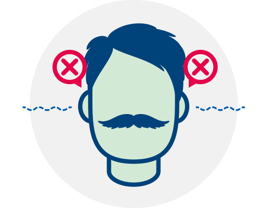 Illustration depicting bilateral hearing loss with a person’s head in focus, red ’X’ symbols near both ears, and wavy lines representing sound.