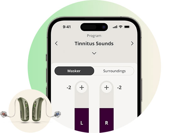 A smartphone screen displays a hearing aid app interface labeled ’Tinnitus Sounds,’ featuring adjustable sliders for ’Masker’ levels (left and right ears). Below, two Oticon hearing aids appear against a subtle green-and-beige gradient background.